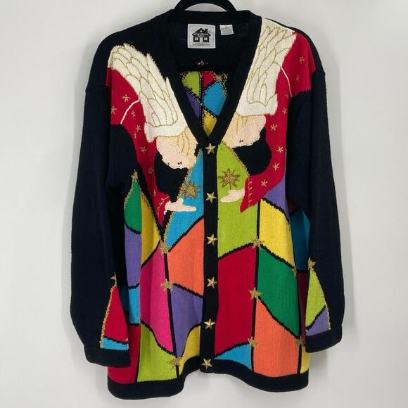 Vintage Storybook Knits Cardigan Sweater Angel Cathedral Patchwork Holiday 1X - Picture 2 of 11